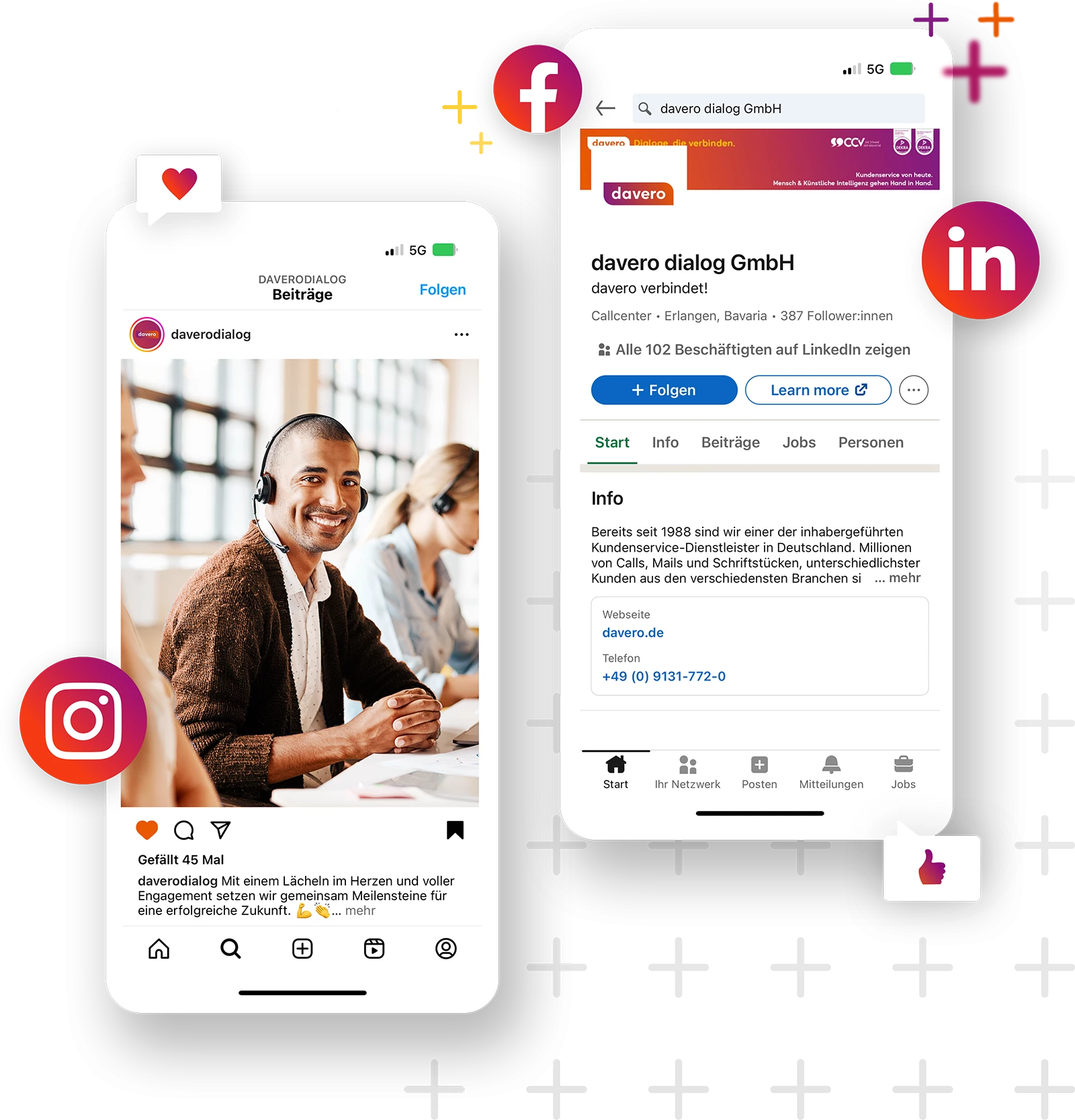 Zwei Smartphone-Screens: Ein Social-Media-Post mit Mitarbeitendem im Callcenter und ein LinkedIn-Firmenprofil